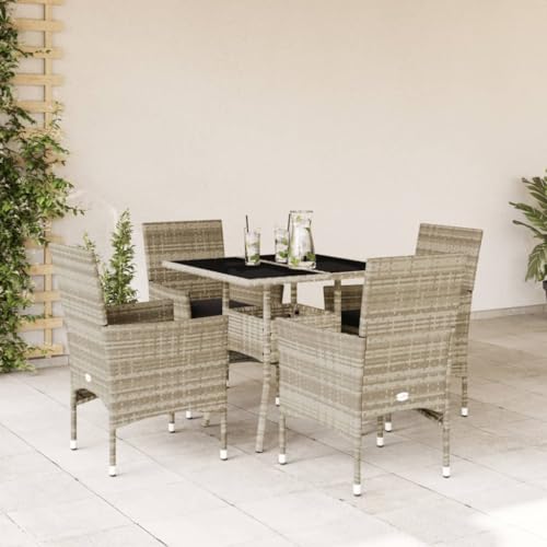 Woonisher 5-TLG. Garten-Essgruppe mit Kissen Hellgrau Poly Rattan Glas Rattan gartenmöbel Set von Woonisher