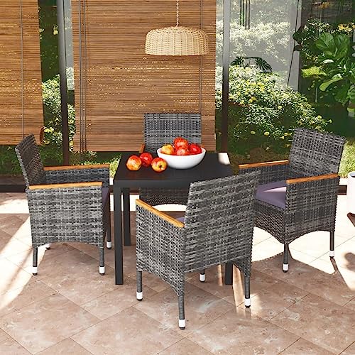 Woonisher 5-TLG. Garten-Essgruppe mit Kissen Poly Rattan Grau Rattan gartenmöbel Set von Woonisher