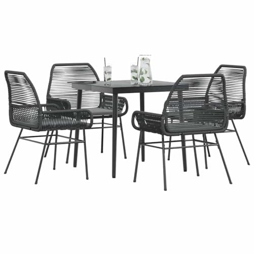 Woonisher 5-TLG. Garten-Essgruppe mit Kissen Schwarz Poly Rattan Glas Rattan gartenmöbel Set von Woonisher