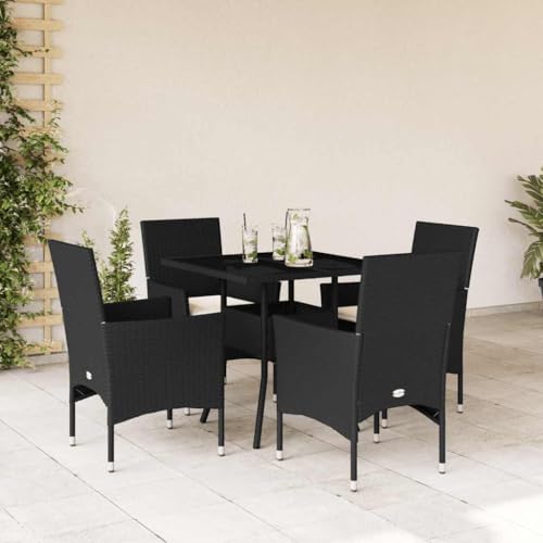 Woonisher 5-TLG. Garten-Essgruppe mit Kissen Schwarz Poly Rattan und Glas Rattan gartenmöbel Set von Woonisher
