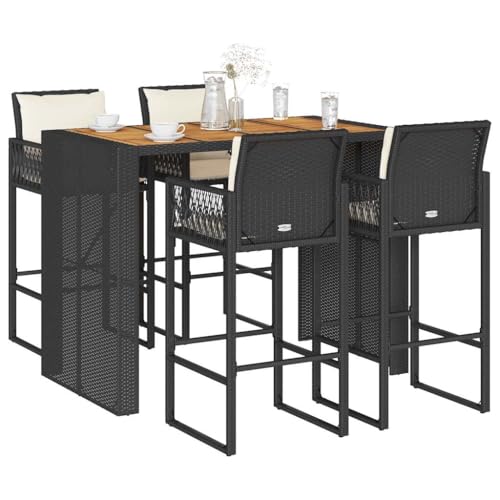 Woonisher 5-TLG. Gartenbar-Set mit Kissen Schwarz Poly Rattan Akazie Rattan gartenmöbel Set von Woonisher