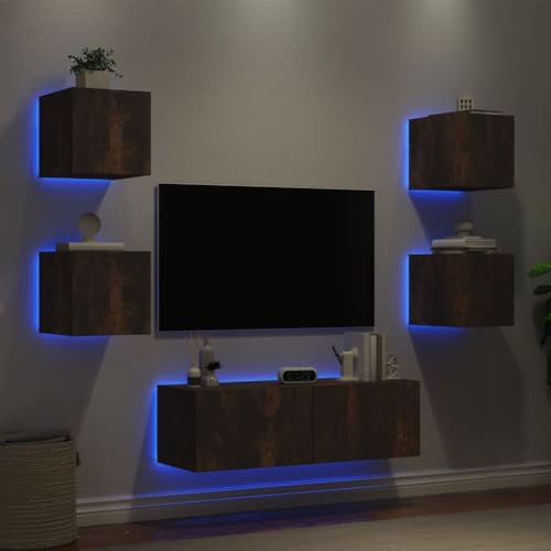 Woonisher 5-TLG. TV-Wohnwand mit LED-Leuchten Räuchereiche tv Schrank Sideboard fernsehschrank von Woonisher