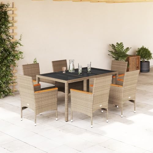 Woonisher 7-TLG. Garten-Essgruppe mit Kissen Beige Poly Rattan und Glas Rattan gartenmöbel Set Woonisher 7-TLG. Garten-Essgruppe mit Kissen Beige Poly Rattan und Glas Rattan gartenmöbel Set von Woonisher