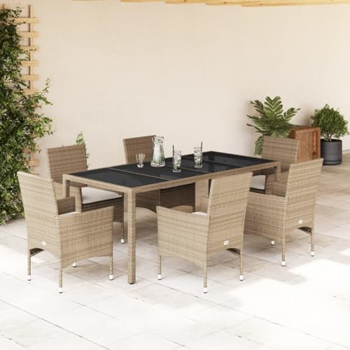 Woonisher 7-TLG. Garten-Essgruppe mit Kissen Beige Poly Rattan und Glas Rattan gartenmöbel Set Woonisher 7-TLG. Garten-Essgruppe mit Kissen Beige Poly Rattan und Glas Rattan gartenmöbel Set von Woonisher
