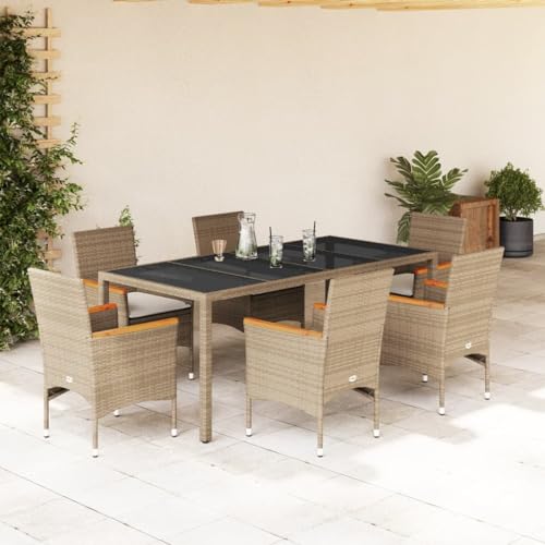 Woonisher 7-TLG. Garten-Essgruppe mit Kissen Beige Poly Rattan und Glas Rattan gartenmöbel Set von Woonisher
