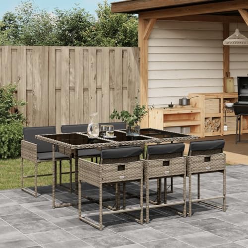 Woonisher 7-TLG. Garten-Essgruppe mit Kissen Grau Poly Rattan Rattan gartenmöbel Set von Woonisher