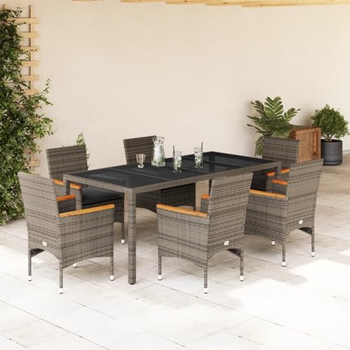 Woonisher 7-TLG. Garten-Essgruppe mit Kissen Grau Poly Rattan und Glas Rattan gartenmöbel Set von Woonisher