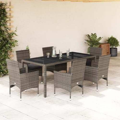 Woonisher 7-TLG. Garten-Essgruppe mit Kissen Grau Poly Rattan und Glas Rattan gartenmöbel Set von Woonisher