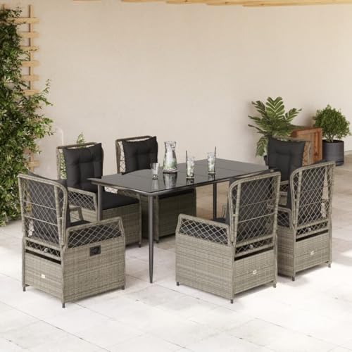 Woonisher 7-TLG. Garten-Essgruppe mit Kissen Hellgrau Poly Rattan Rattan gartenmöbel Set von Woonisher