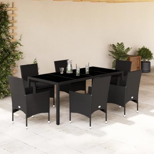Woonisher 7-TLG. Garten-Essgruppe mit Kissen Schwarz Poly Rattan Glas Rattan gartenmöbel Set von Woonisher