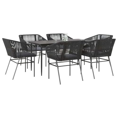 Woonisher 7-TLG. Garten-Essgruppe mit Kissen Schwarz Poly Rattan Glas Rattan gartenmöbel Set von Woonisher