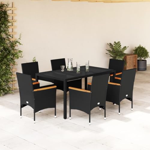 Woonisher 7-TLG. Garten-Essgruppe mit Kissen Schwarz Poly Rattan Glas Rattan gartenmöbel Set von Woonisher