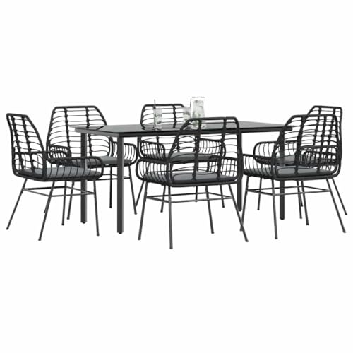 Woonisher 7-TLG. Garten-Essgruppe mit Kissen Schwarz Poly Rattan Glas Rattan gartenmöbel Set von Woonisher