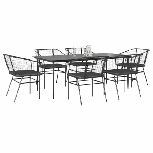 Woonisher 7-TLG. Garten-Essgruppe mit Kissen Schwarz Poly Rattan Glas Rattan gartenmöbel Set von Woonisher