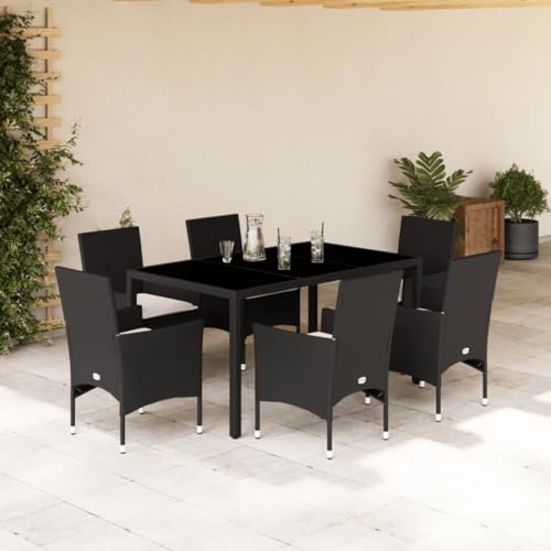 Woonisher 7-TLG. Garten-Essgruppe mit Kissen Schwarz Poly Rattan Glas Rattan gartenmöbel Set von Woonisher