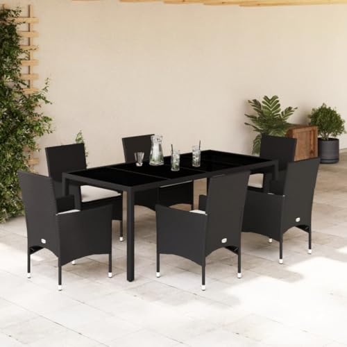 Woonisher 7-TLG. Garten-Essgruppe mit Kissen Schwarz Poly Rattan Glas Rattan gartenmöbel Set von Woonisher