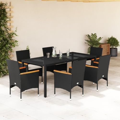Woonisher 7-TLG. Garten-Essgruppe mit Kissen Schwarz Poly Rattan Glas Rattan gartenmöbel Set von Woonisher