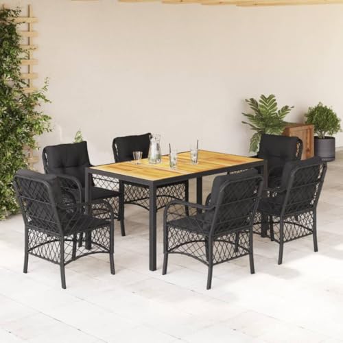 Woonisher 7-TLG. Garten-Essgruppe mit Kissen Schwarz Poly Rattan Rattan gartenmöbel Set von Woonisher