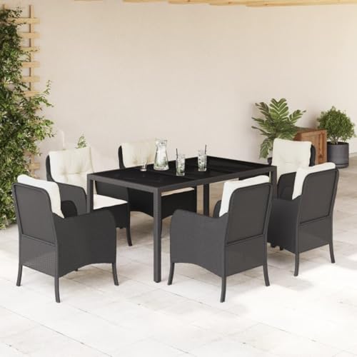 Woonisher 7-TLG. Garten-Essgruppe mit Kissen Schwarz Poly Rattan Rattan gartenmöbel Set von Woonisher