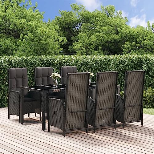 Woonisher 7-TLG. Garten-Essgruppe mit Kissen Schwarz und Grau Poly Rattan Rattan gartenmöbel Set von Woonisher