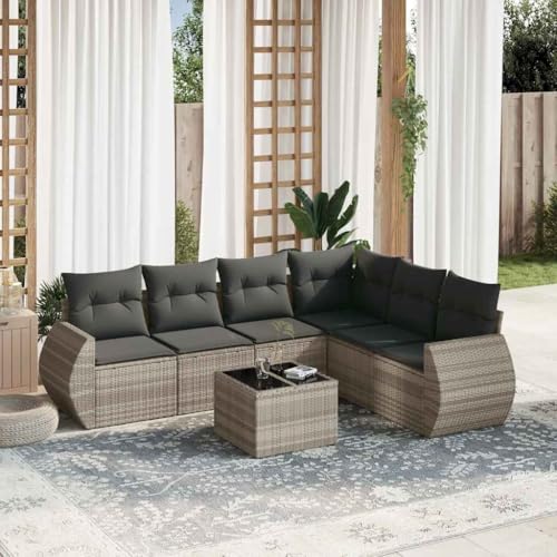Woonisher 7-TLG. Garten-Sofagarnitur mit Kissen Hellgrau Poly Rattan Rattan gartenmöbel Set von Woonisher