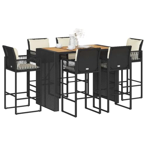 Woonisher 7-TLG. Gartenbar-Set mit Kissen Schwarz Poly Rattan Akazie Rattan gartenmöbel Set von Woonisher