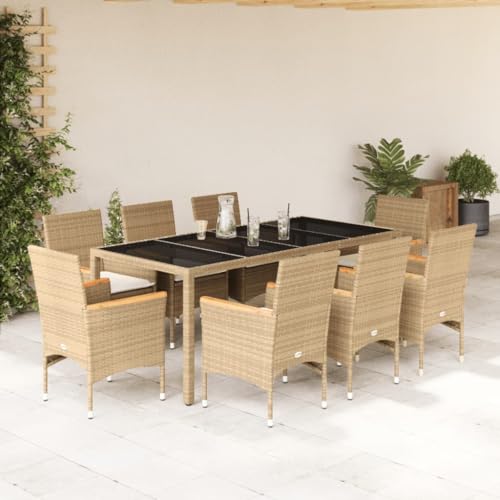 Woonisher 9-TLG. Garten-Essgruppe mit Kissen Beige Poly Rattan Glas Rattan gartenmöbel Set von Woonisher