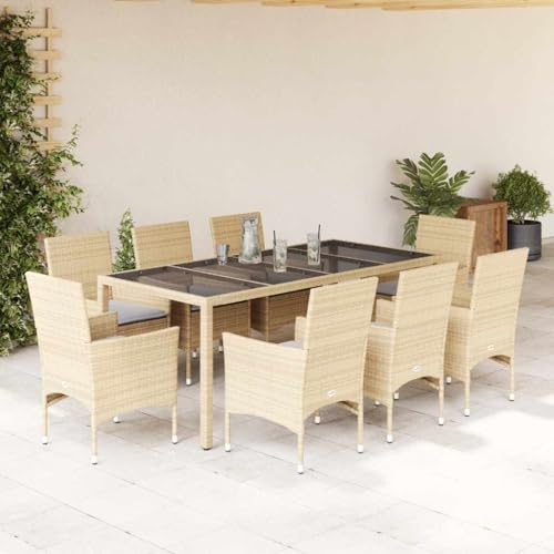 Woonisher 9-TLG. Garten-Essgruppe mit Kissen Beige Poly Rattan Glas Rattan gartenmöbel Set von Woonisher