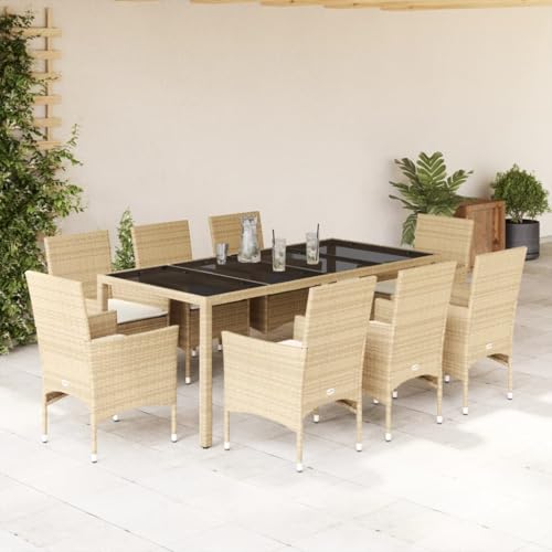 Woonisher 9-TLG. Garten-Essgruppe mit Kissen Beige Poly Rattan Glas Rattan gartenmöbel Set von Woonisher