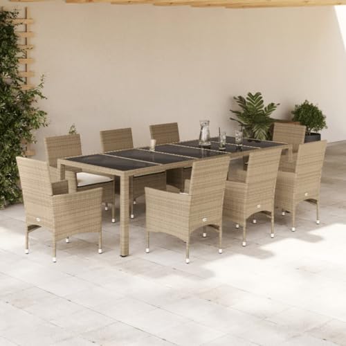 Woonisher 9-TLG. Garten-Essgruppe mit Kissen Beige Poly Rattan Glas Rattan gartenmöbel Set von Woonisher
