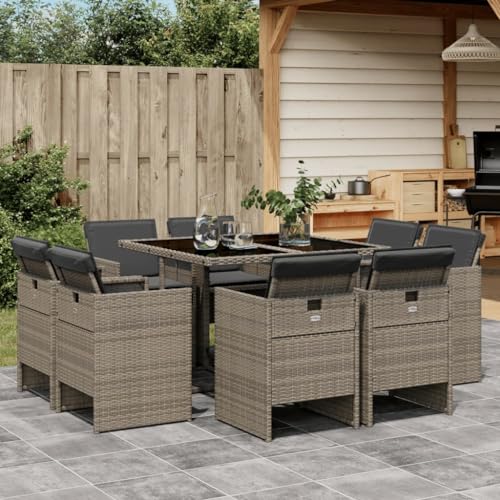 Woonisher 9-TLG. Garten-Essgruppe mit Kissen Grau Poly Rattan Rattan gartenmöbel Set von Woonisher