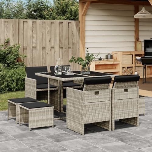 Woonisher 9-TLG. Garten-Essgruppe mit Kissen Hellgrau Poly Rattan Rattan gartenmöbel Set von Woonisher