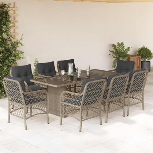 Woonisher 9-TLG. Garten-Essgruppe mit Kissen Hellgrau Poly Rattan Rattan gartenmöbel Set von Woonisher
