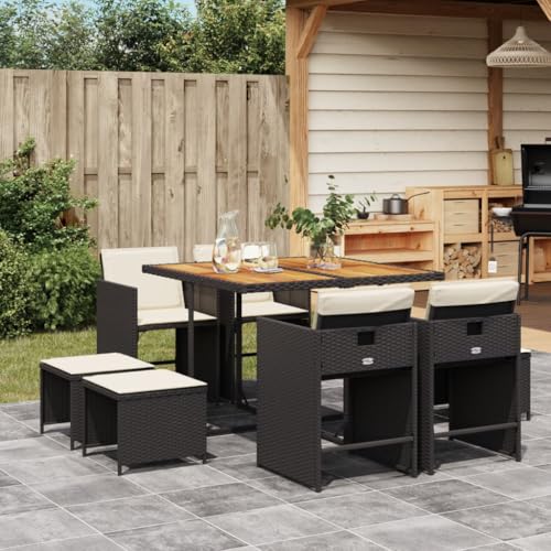 Woonisher 9-TLG. Garten-Essgruppe mit Kissen Schwarz Poly Rattan Rattan gartenmöbel Set von Woonisher