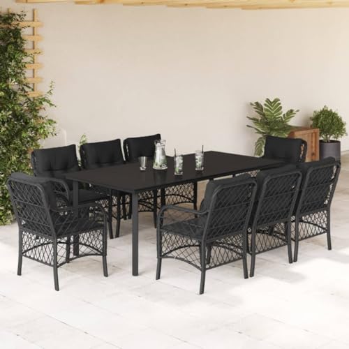 Woonisher 9-TLG. Garten-Essgruppe mit Kissen Schwarz Poly Rattan Rattan gartenmöbel Set von Woonisher