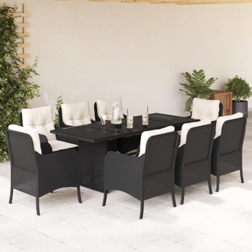 Woonisher 9-TLG. Garten-Essgruppe mit Kissen Schwarz Poly Rattan Rattan gartenmöbel Set von Woonisher