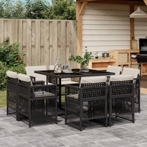 Woonisher 9-TLG. Garten-Essgruppe mit Kissen Schwarz Poly Rattan Rattan gartenmöbel Set von Woonisher