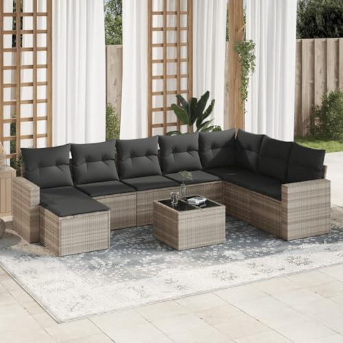 Woonisher 9-TLG. Garten-Sofagarnitur mit Kissen Hellgrau Poly Rattan Rattan gartenmöbel Set von Woonisher