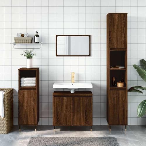 Woonisher Badschrank Braun Eichen-Optik 58x33x60 cm Holzwerkstoff badmöbel Set mit spiegelschrank von Woonisher