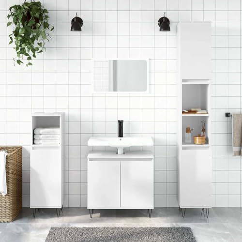 Woonisher Badschrank Hochglanz-Weiß 58x33x60 cm Holzwerkstoff badmöbel Set mit spiegelschrank von Woonisher