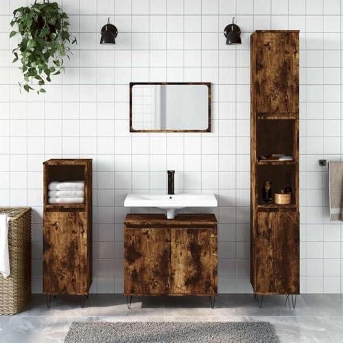 Woonisher Badschrank Räuchereiche 58x33x60 cm Holzwerkstoff badmöbel Set mit spiegelschrank von Woonisher