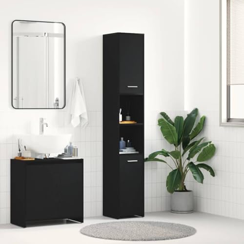 Woonisher Badschrank Schwarz Eichen-Optik 30x30x183,5 cm Holzwerkstoff badmöbel Set mit spiegelschrank von Woonisher
