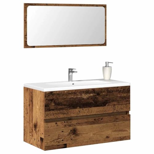 Woonisher Badschrank mit Spiegel Altholz-Optik Holzwerkstoff badmöbel Set mit spiegelschrank von Woonisher