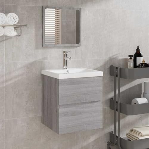 Woonisher Badschrank mit Spiegel Grau Sonoma Holzwerkstoff badmöbel Set mit spiegelschrank von Woonisher