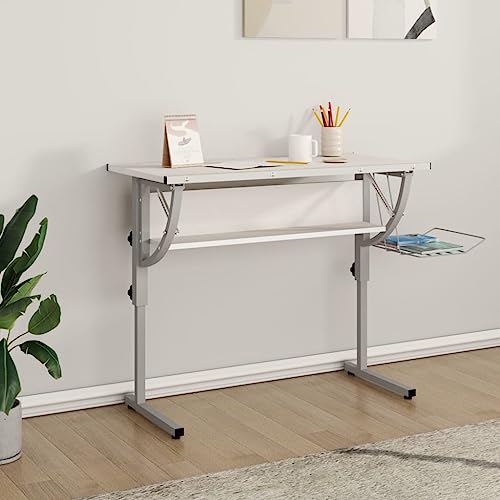 Woonisher Basteltisch Weiß & Grau 110x53x(58-87) cm Holzwerkstoff & Stahl Schreibtisch mit stauraum Regal sekretär von Woonisher