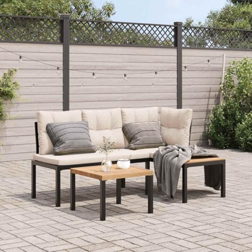 Woonisher Gartenbank-Set 3-TLG. Schwarz Pulverbeschichteter Stahl Rattan gartenmöbel Set von Woonisher