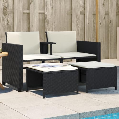 Woonisher Gartensofa 2-Sitzer mit Tisch und Hockern Schwarz Poly Rattan Rattan gartenmöbel Set von Woonisher