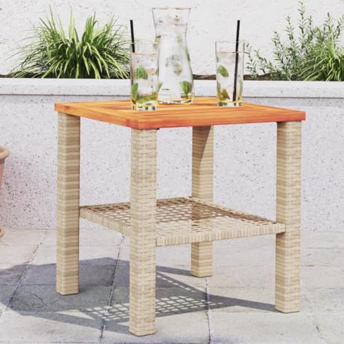 Woonisher Gartentisch Beige 40x40x42 cm Poly Rattan Akazienholz Kunststoff gartentisch wetterfest von Woonisher