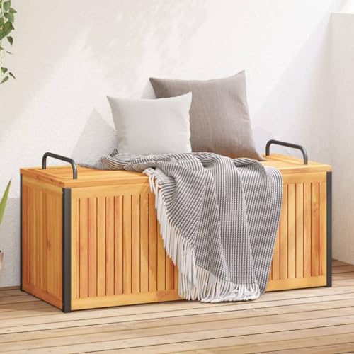 Woonisher Gartentruhe Beige 220x50x54 cm Poly Rattan Akazienholz aufbewahrungsbox Garten von Woonisher