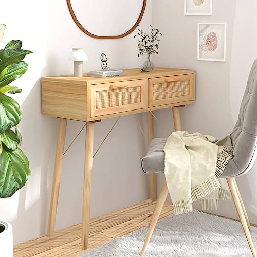 Woonisher Konsolentisch Braun 80x30x75 cm Massivholz Kiefer Natur-Rattan beistelltisch Holz Outdoor klein Tisch von Woonisher